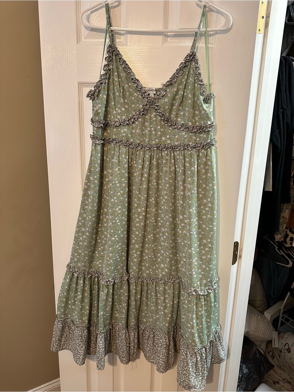 DAVI & DANI Sage Green Floral Ruffle Slip Dress